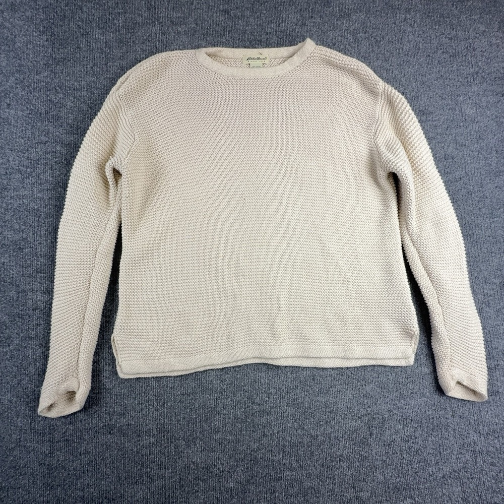 Eddie Bauer Sweater Mens XL White Cotton Chunky Knit Crewneck Pullover Hong Kong